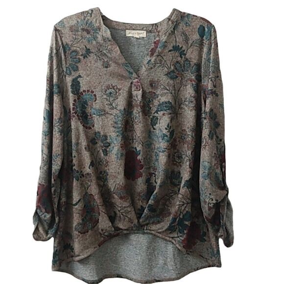 Song n Spirit Light Brown Floral Tunic 3/4 Sleeve High Low Hem Top MUST BUNDLE - Picture 1 of 11